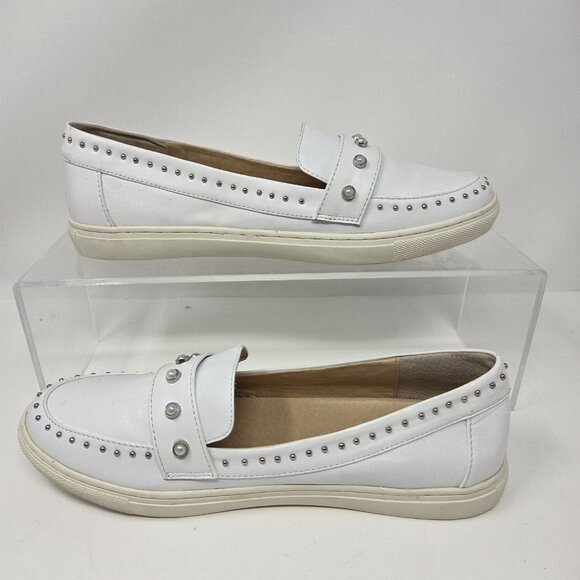 J/Slides Tennisshoes Women's 8.5 White Leather CeCe Studded Pearl Slip-On Medium - Picture 2 of 8